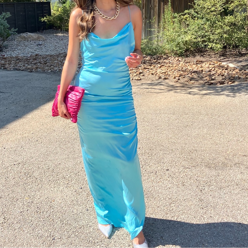 David Meister baby blue silk cocktail dress wedding guest dress